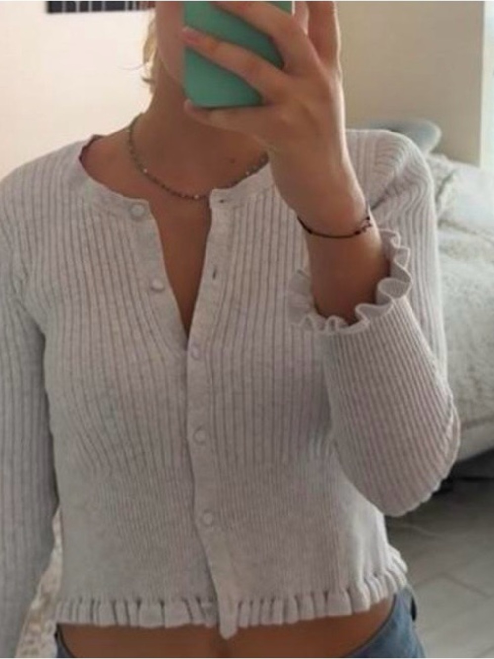 wild fable Light Gray Ribbed Button-Up Cardigan with Ruffle Trim